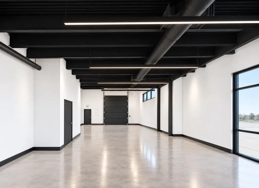 Empty suite ground floor with polished concrete, an exposed black ceiling, linear lights, a tall window and an overhead door at the far end