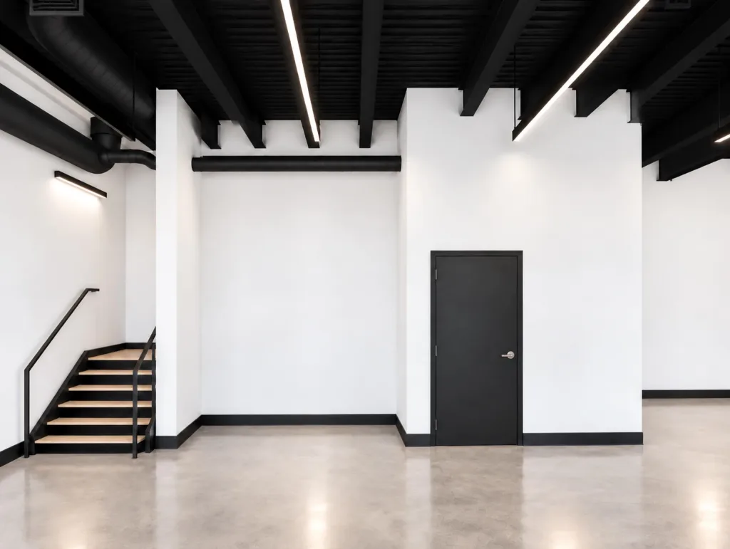 Ground floor with a wood-tread stair, a black interior door in a white wall and polished concrete