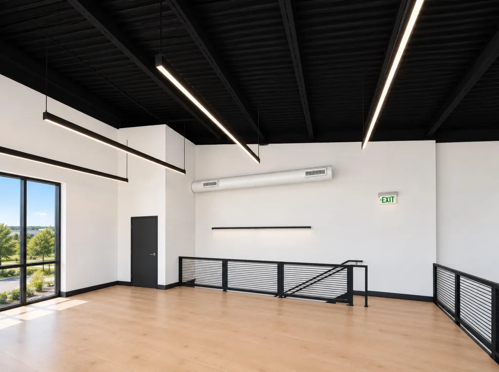 Second-floor room with wood-tone flooring, a tall window, a black door, linear lights and a railing