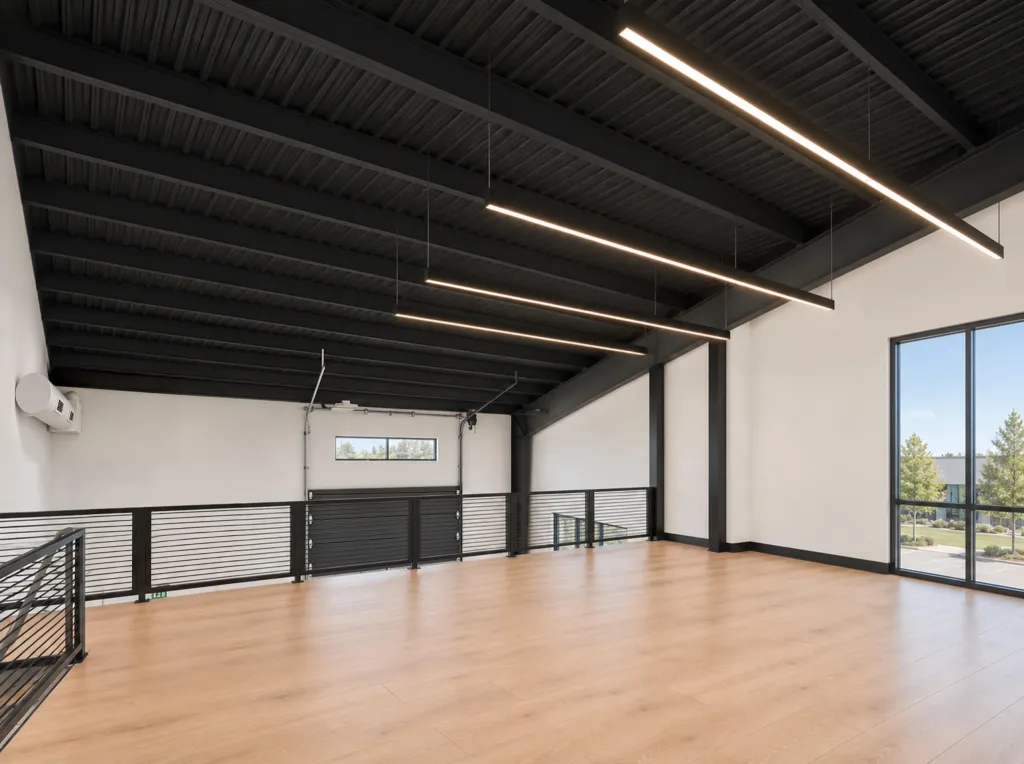 Wide second-floor view across a railing to the ground floor and an overhead door, with windows at right