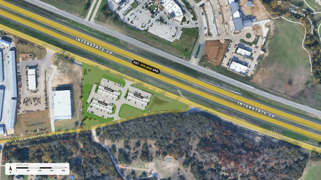 Aerial rendering of 20 West Business Park on Interstate 20 with nearby businesses, labeled with an estimated 105,000 vehicles per day