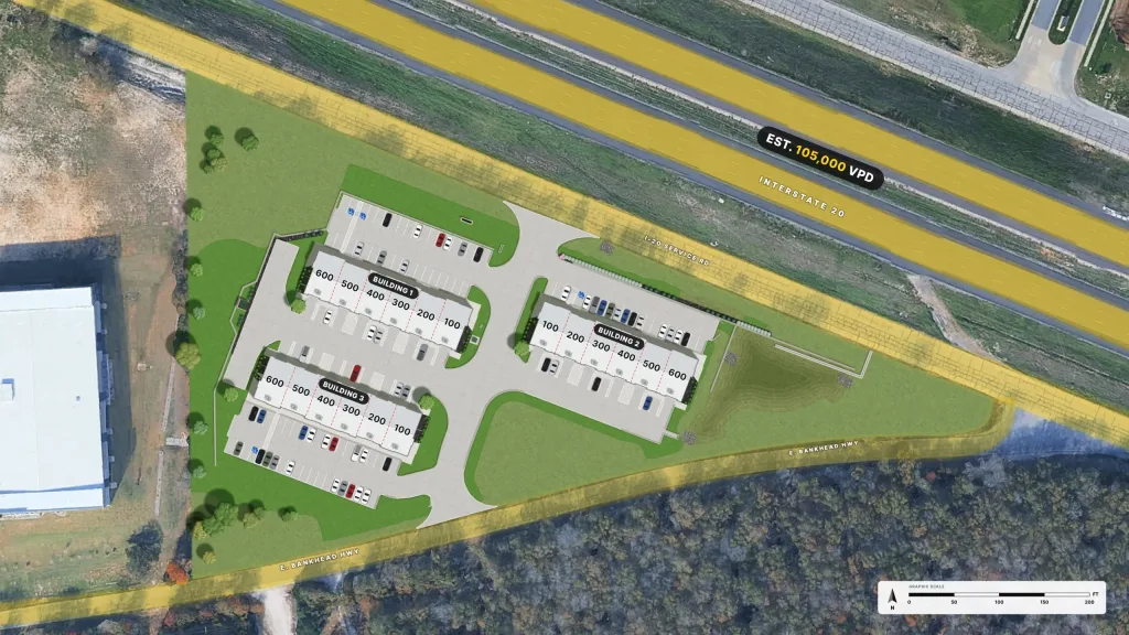 Rendering of the three 20 West Business Park buildings beside Interstate 20, seen from above