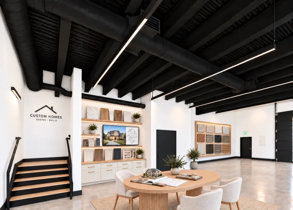 Suite staged as a custom home builder design center, with finish samples, a round meeting table and a stair