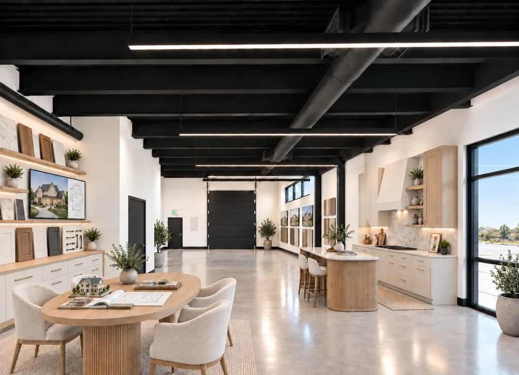 Design center with a sample kitchen, finish displays and a meeting table beside tall windows