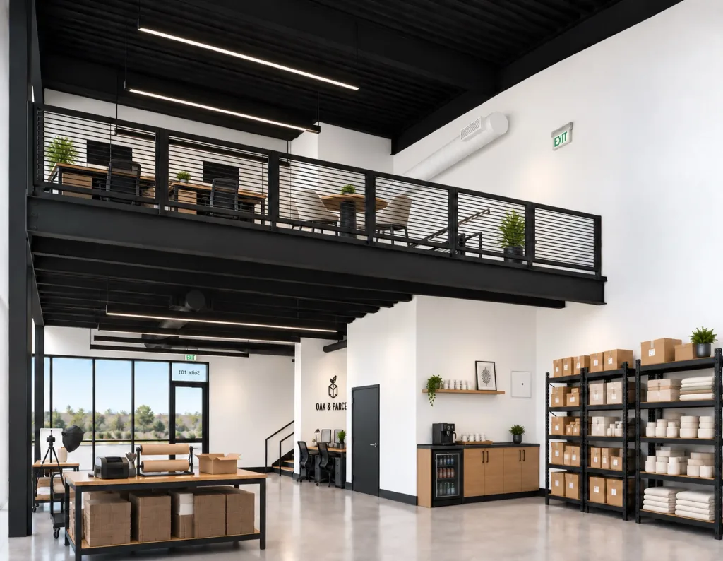 Online retailer suite with a mezzanine office above a coffee station and storefront windows