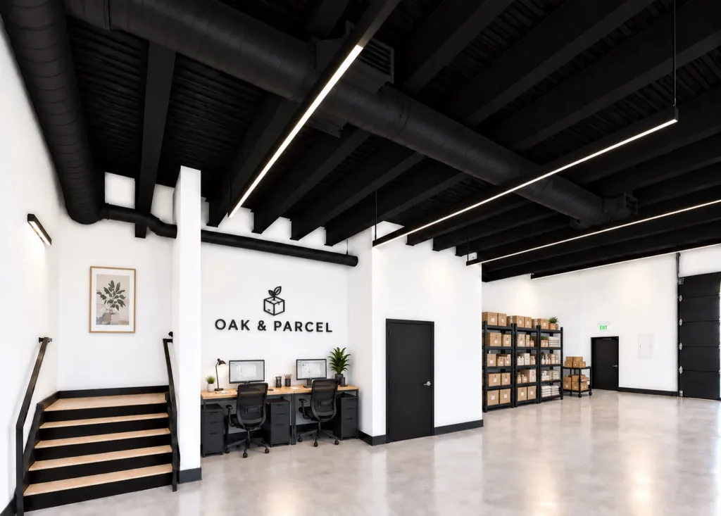 Ground-floor office staged for an online retailer, with desks, shelving and a stair to the second floor