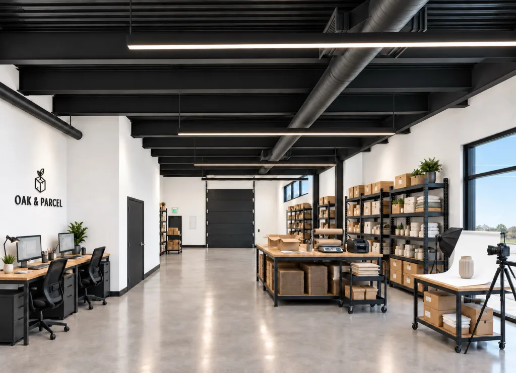 Suite staged for an online retailer, with packing tables, shelving and an overhead door