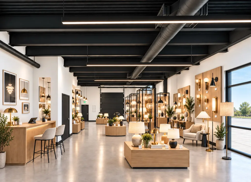 Suite staged as a lighting showroom, with pendant displays, a sales counter and polished concrete floors