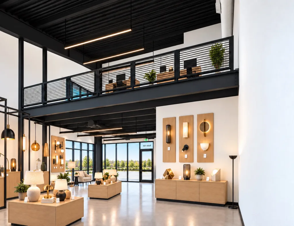 Lighting showroom under a steel mezzanine, with lamps on display tables and storefront windows behind