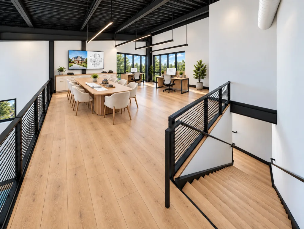 Second floor staged with a conference table on wood-tone flooring beside the stair railing