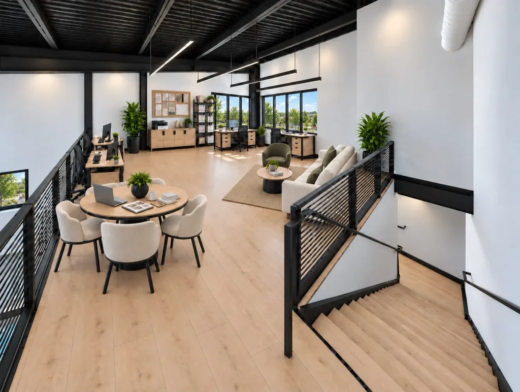 Second floor staged with a lounge and a round meeting table beside the stair railing