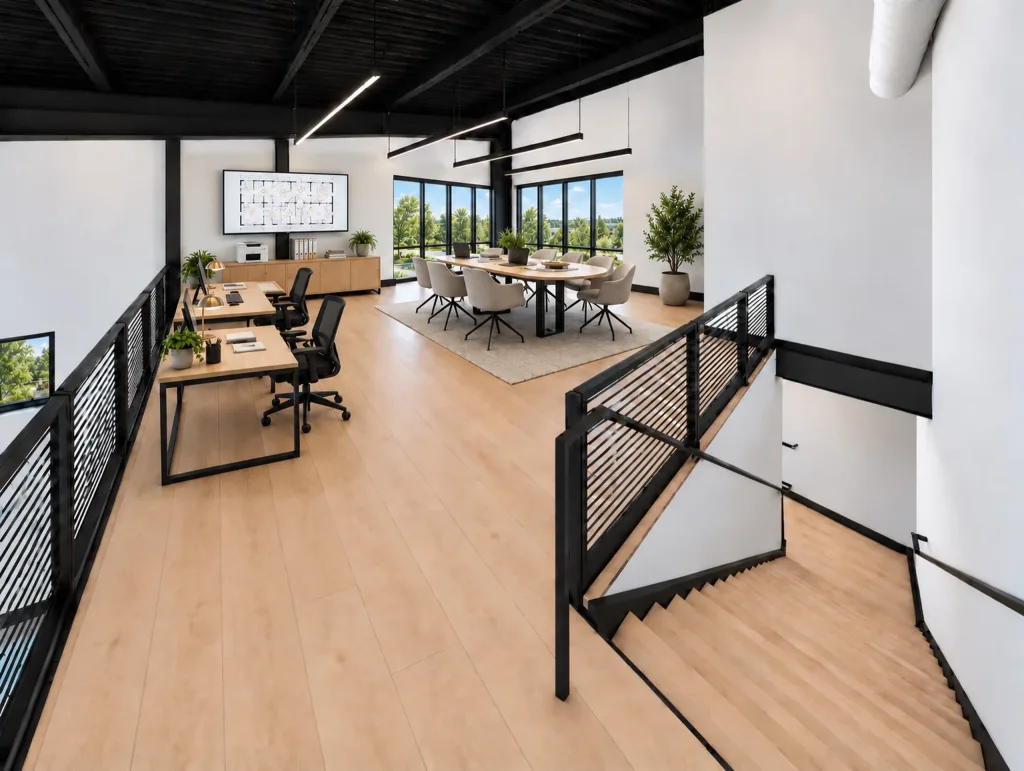 Second floor staged with a desk and a meeting table on wood-tone flooring beside the stair railing