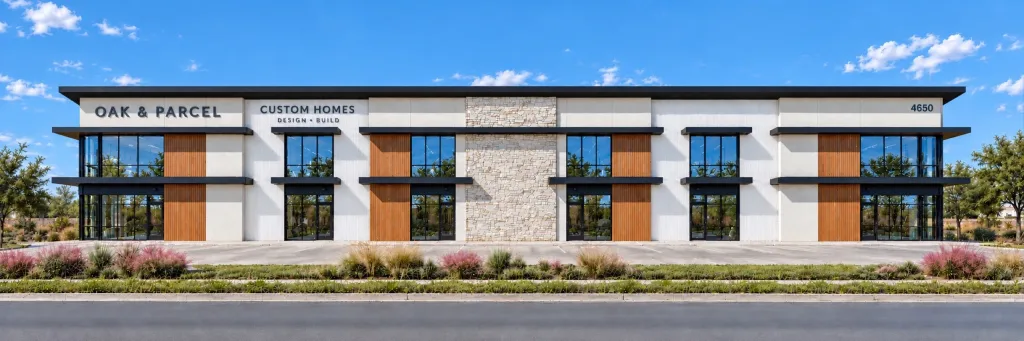 Storefront row with example tenant signage, including Oak & Parcel and a custom home builder, under a single-slope roof