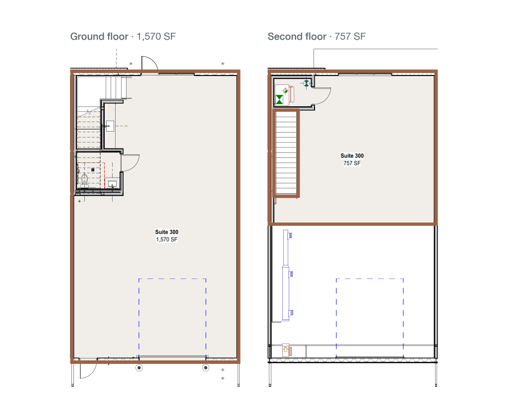 Floor plan of Suite 300, ground floor and second floor