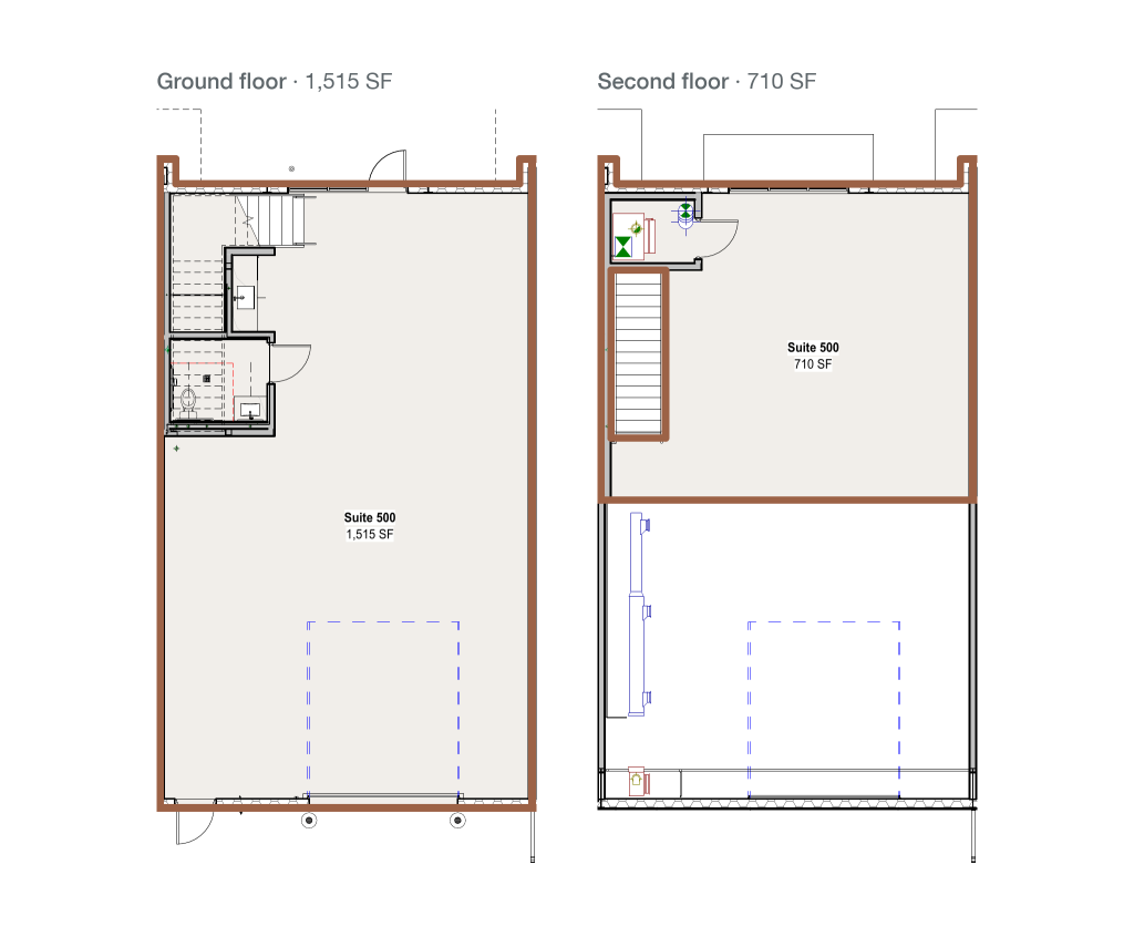 Floor plan of Suite 500, ground floor and second floor