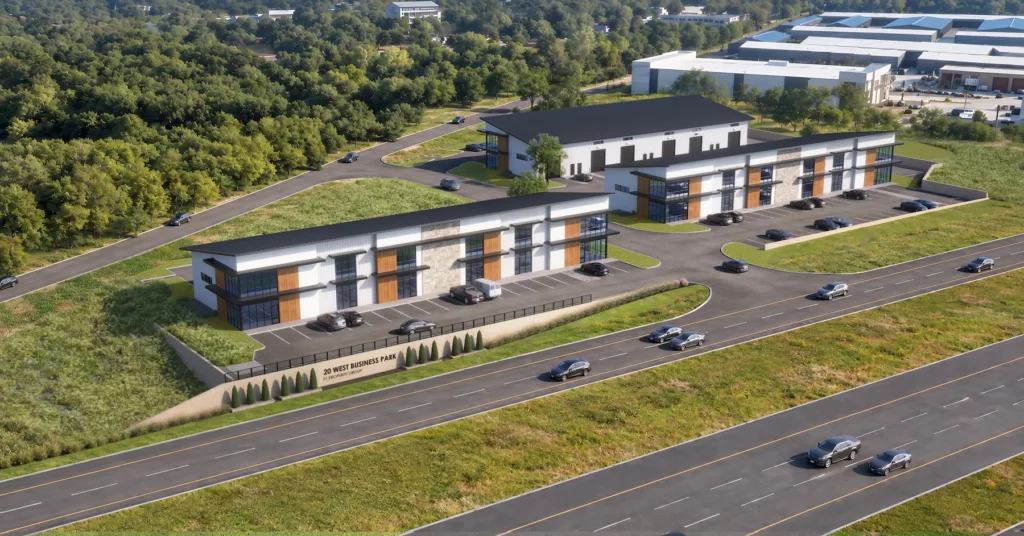 Drone photo of the 20 West site today, outlined in red, running beside the Interstate 20 service road